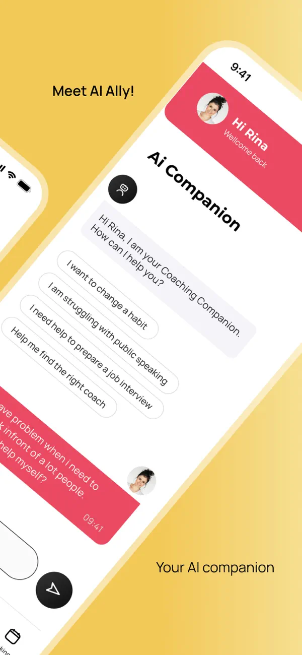 Official heyCoach App Store screen showing ALLY AI companion chat